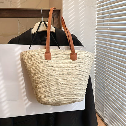 solvbao  Straw Woven Tote Bag, Bamboo Handle Beach Bag, Boho Style Handbag For Travel Vacation