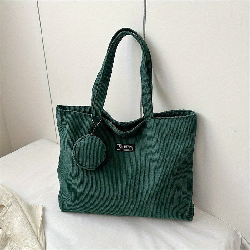 solvbao  Casual Corduroy Tote Bag, Minimalist Shoulder Bag, All-Match Handbag With Mini Round Purse