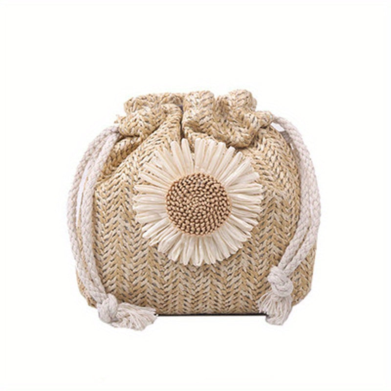 solvbao  Flower Decor Straw Design Bag, Drawstring Shoulder Bag, Minimalist Crossbody Bag