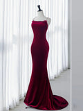 kamahe Simple Velvet Mermaid Burgundy Long Prom Dress, Burgundy Long Formal Dress