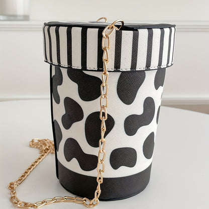 solvbao  Personality Creative Cow Pattern Bucket Crossbody Bag, Small Cute PU Leather Chain Purse