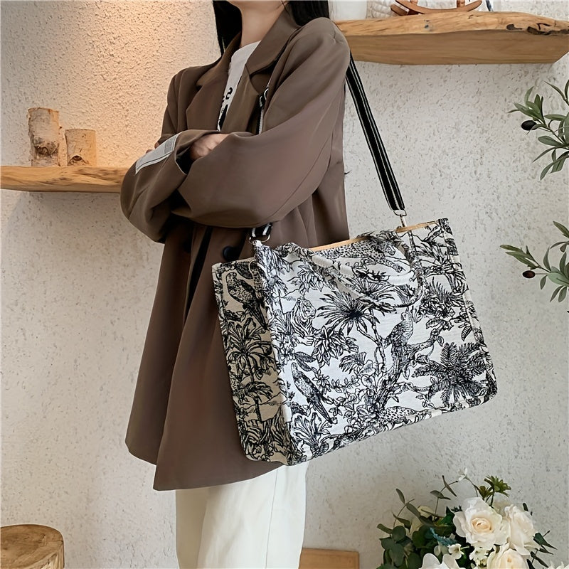 solvbao  Flower Sketch Large Capacity Canvas Tote Bag, Durable Lightweight Shoulder Satchel Bag, Casual Practical Commuter Bag