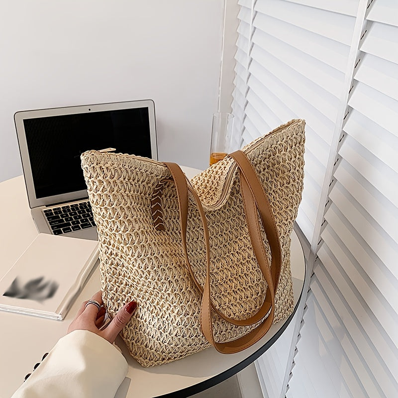 solvbao  Simple Shoulder Bag, Woven Handbag, Travel Beach Bag, Stylish All-Match Shoulder Bag