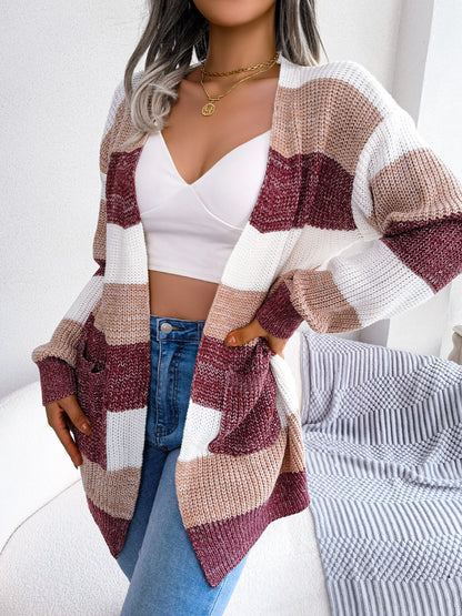 solvbaoStriped Knit Open Cardigan, Long Sleeve Open Front Sweater, Casual Tops For Fall & Winter, Women's Clothing