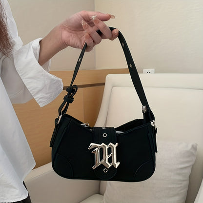 Niche Design Baguette Bag, Solid Color Y2K Underarm Bag, Trendy Shoulder Bag With Metal Buckle Decor