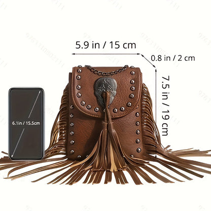 solvbao  Steampunk Fringe Crossbody Bag, Trendy Rivet Shoulder Bag, Vintage Tassel Mobile Phone Bag