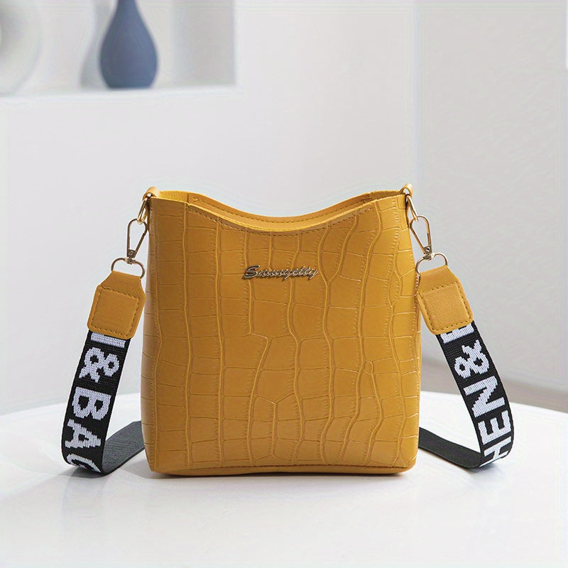 solvbao  Crocodile Pattern Bucket Bag, Wide Strap Shoulder Bag, Women's Crossbody Purse (7.2*6.7*2.7) Inch