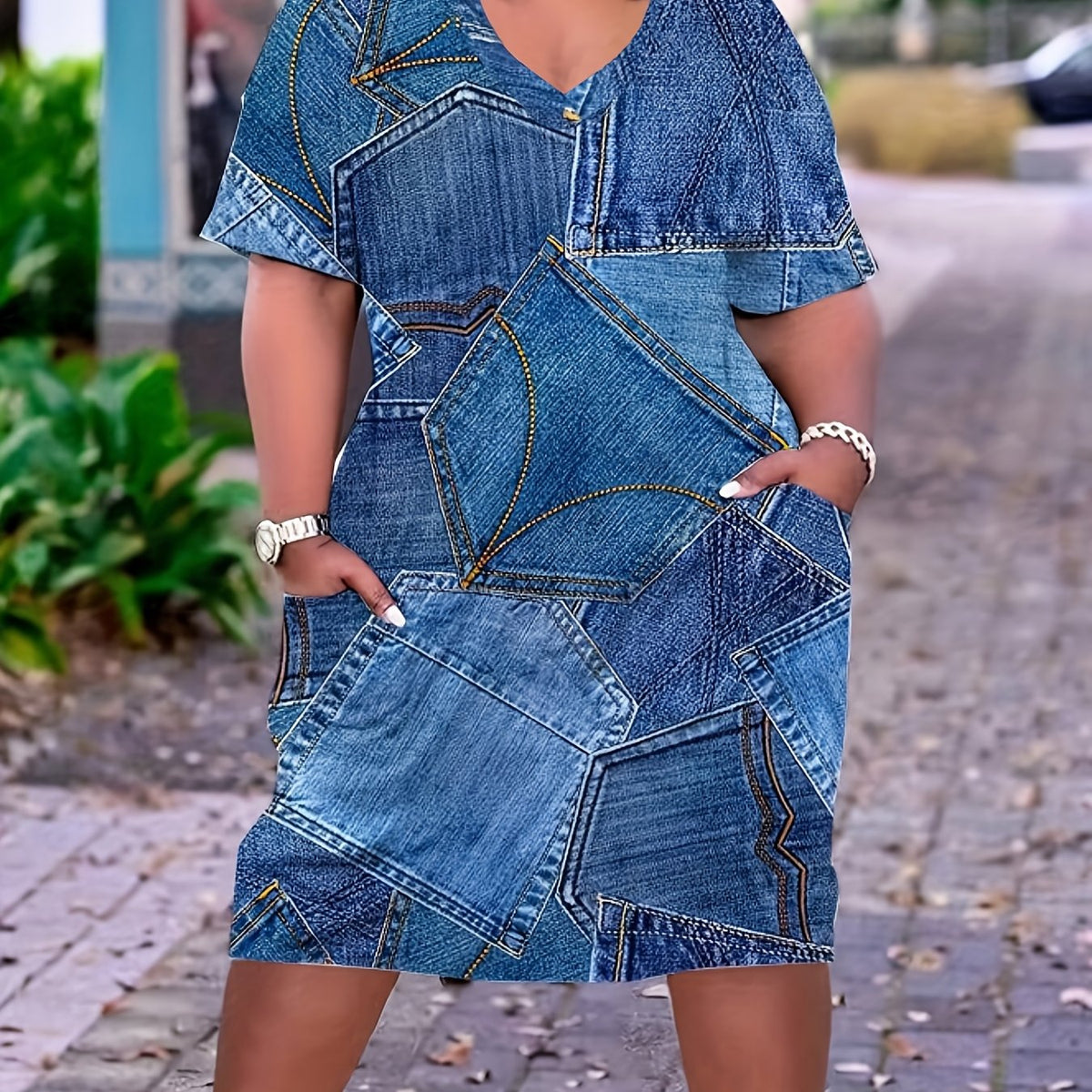 Plus Size V Neck Casual T Shirt Dress - Soft Slight Stretch Fabric, Random Print, Short Sleeve, Pockets, Machine Washable - Perfect for Summer