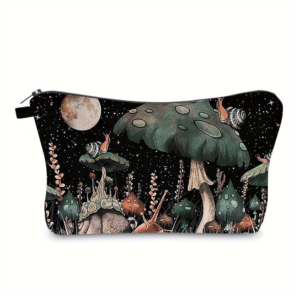 Waterproof Mushroom Print Makeup Bag - Portable Cosmetic Case for Travel and Toiletry Storage - Washable and Reusable - Perfect for Women and Girls (Black Night)