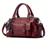 solvbao  Top Handle Satchel Multi Pocket Pendant Tote Bag, PU Leather Retro Shoulder Bag, Casual Versatile Commuter Bag