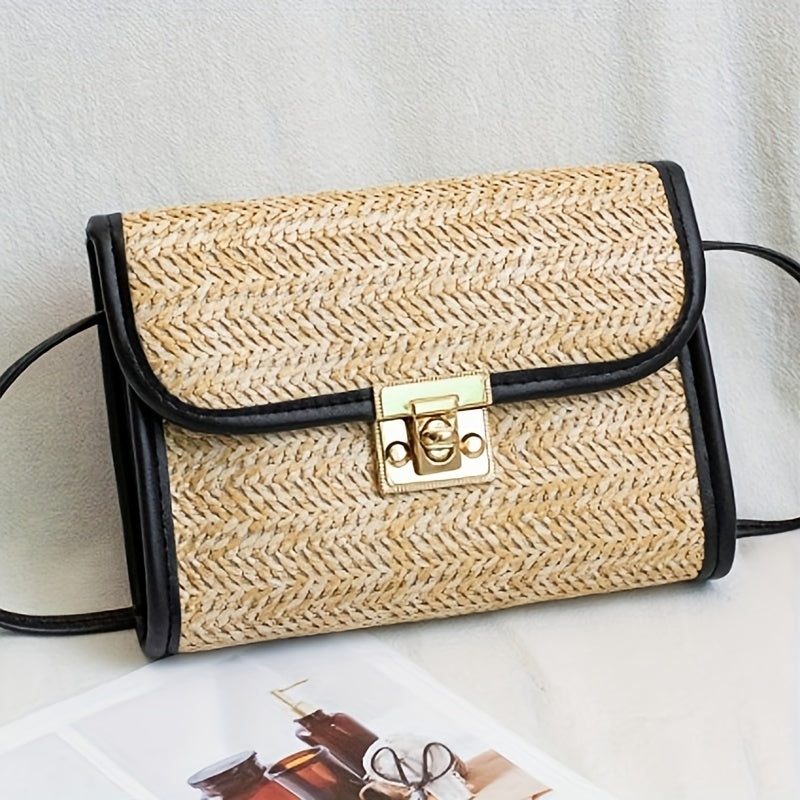 solvbao  Summer Woven Straw Bag, Boho Style Crossbody Bag, Trendy Square Purse For Women Vacation