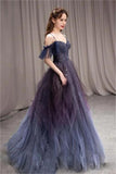 kamahe A-line Dark Purple Ombre Tulle Evening Party Dresses Long Prom Dresses