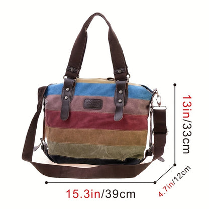 Rainbow Stripes Denim Handbag, Large Capacity Crossbody Bag, Vintage Stitching Shoulder Bag For Travel, Work