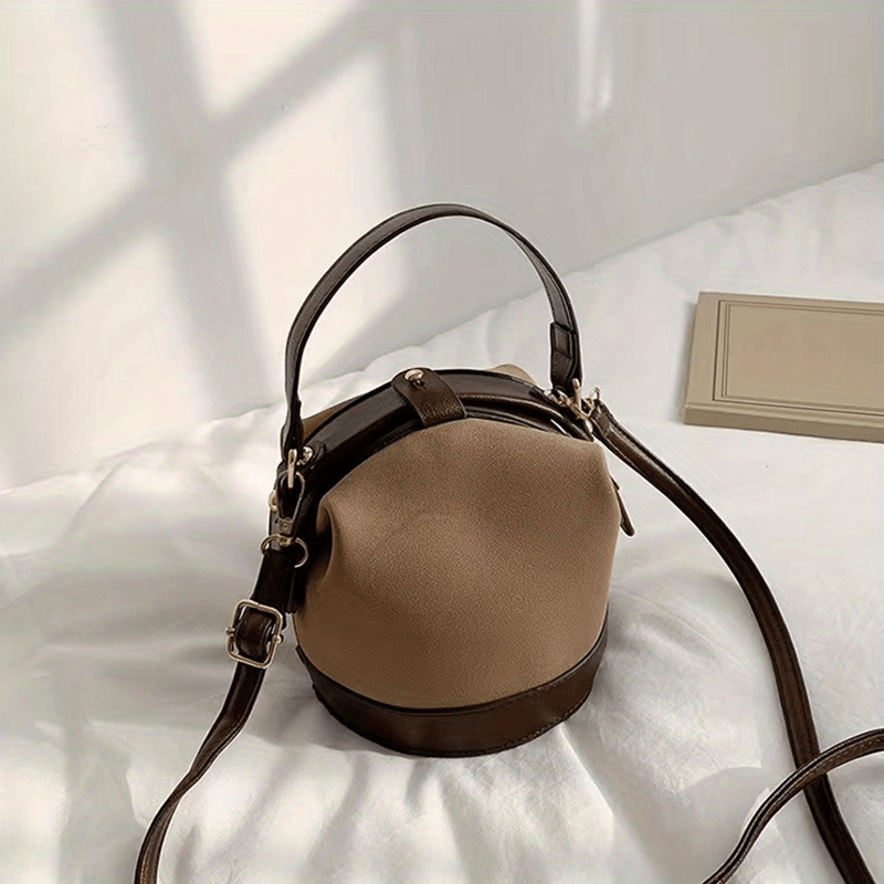 Vintage Suede Bucket Bag, Small Stylish Crossbody Bag, Women's Fashion Snap Button Handbags