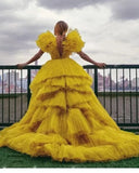 Yellow Tulle Prom Dresses Extra Puffy Ruffles V Neck Photoshoot Women Dress Long Vestidos De Fiesta Formal Evening Gowns