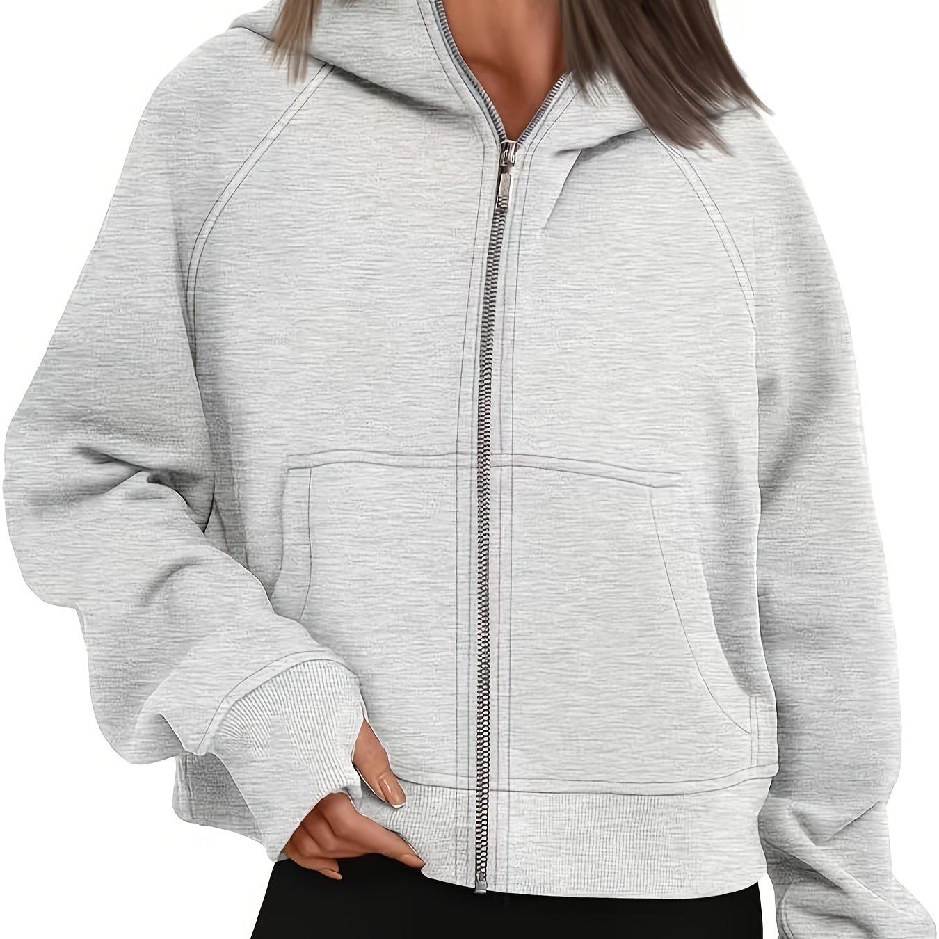 solvbao  Solid Zip Up Fleece Hoodie, Casual Long Sleeve Loose Sweatshirt With Pocket, Women's Clothing