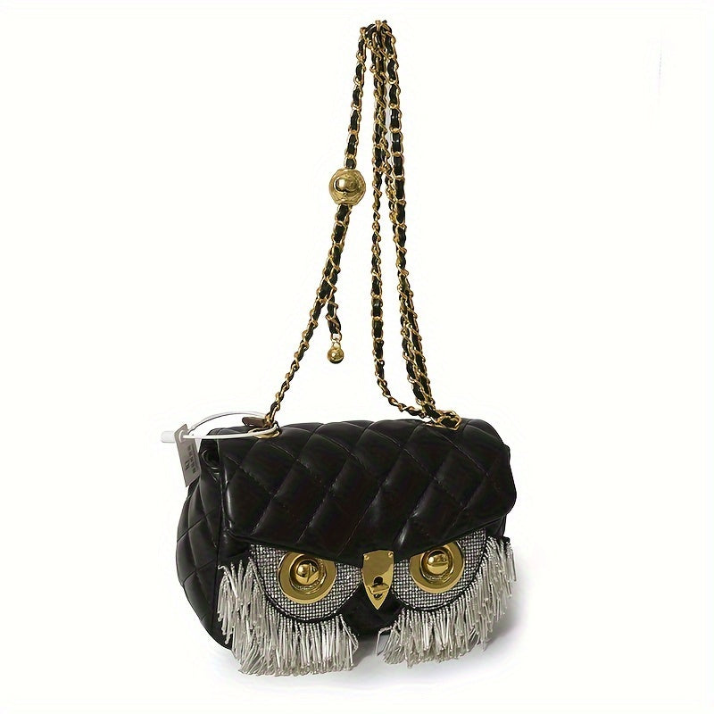 solvbao  Retro Owl Design Textured Shoulder Bag, Tassel Decor Glitter Small Shoulder Bag, Women's Elegant Wallet