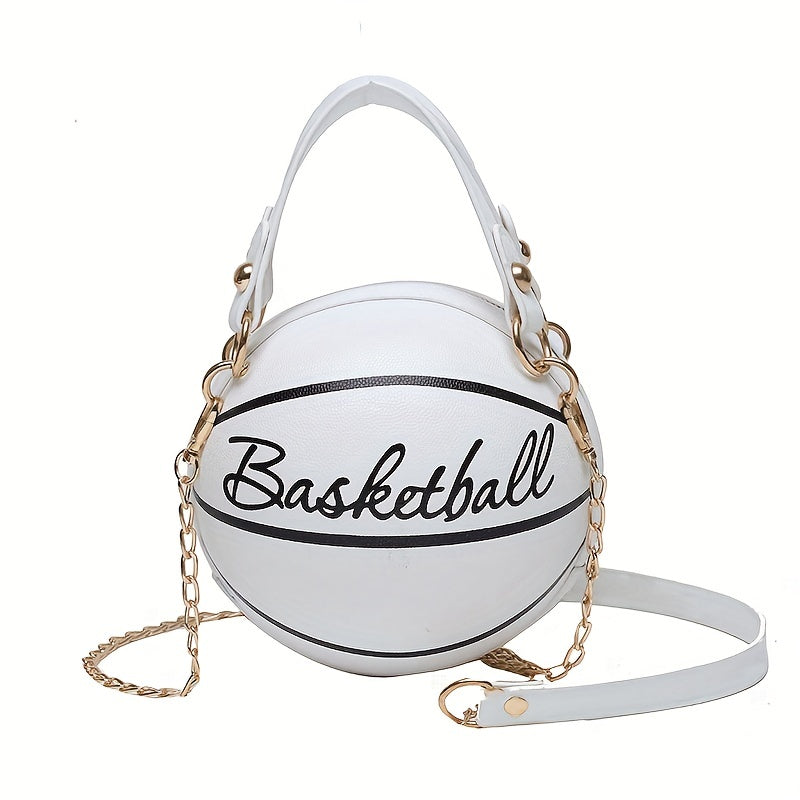 solvbao  Mini Letter Graphic Basketball Design Circle Bag, Fashion Chain Shoulder Round Purse, Hand Zipper Bag