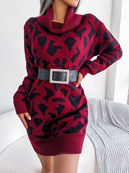 solvbaoLadies Turtleneck Leopard Print Sweater Dress, Long Sleeve Sweater Dress Without Belt, Casual Sweater Dress For Fall & Winter, Women's Clothing