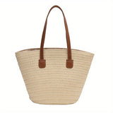 solvbao  Woven Straw Tote Bag, Portable Double Handle Stylish Handbag, Zipper Braided Straw Slouchy French Style Beach Bag