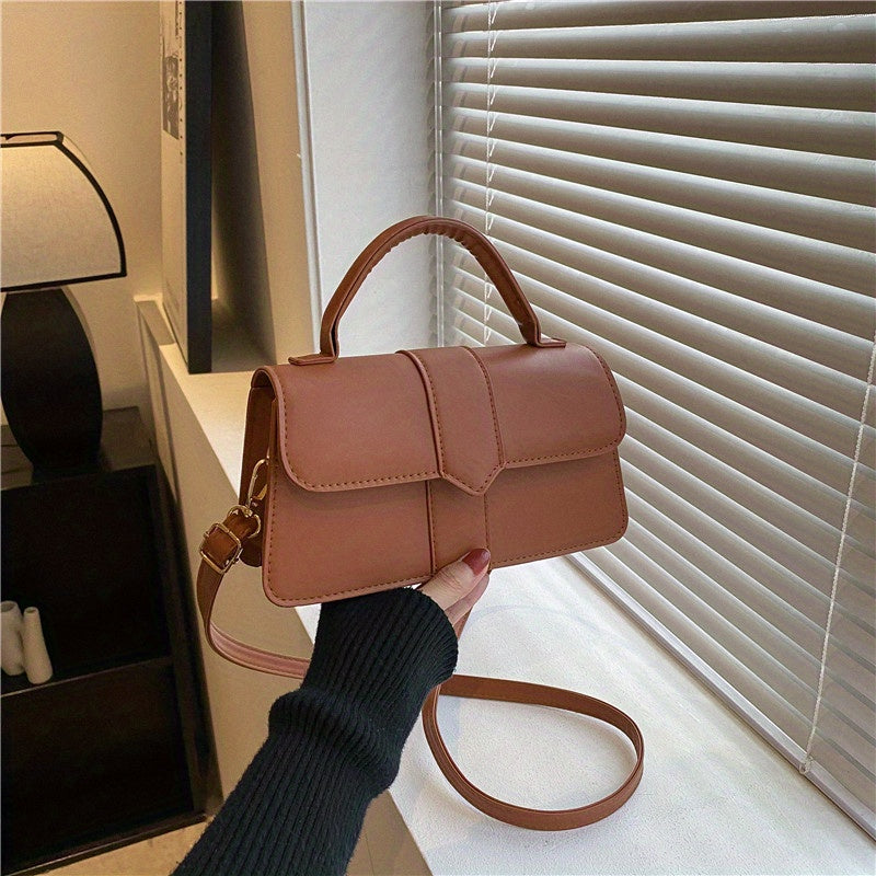 solvbao  Retro Solid Color Crossbody Bag, Fashion Casual PU Leather Square Handbag, Women's Simple Versatile Shoulder Bag & Purse