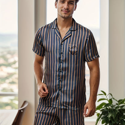 2 Pcs Men's Silky Trendy Stripe Print Reverse Neck Short Shirts & Shorts Pajama Sets, Comfortable & Skin-friendly Style Pajamas For Men's Cozy Loungewear