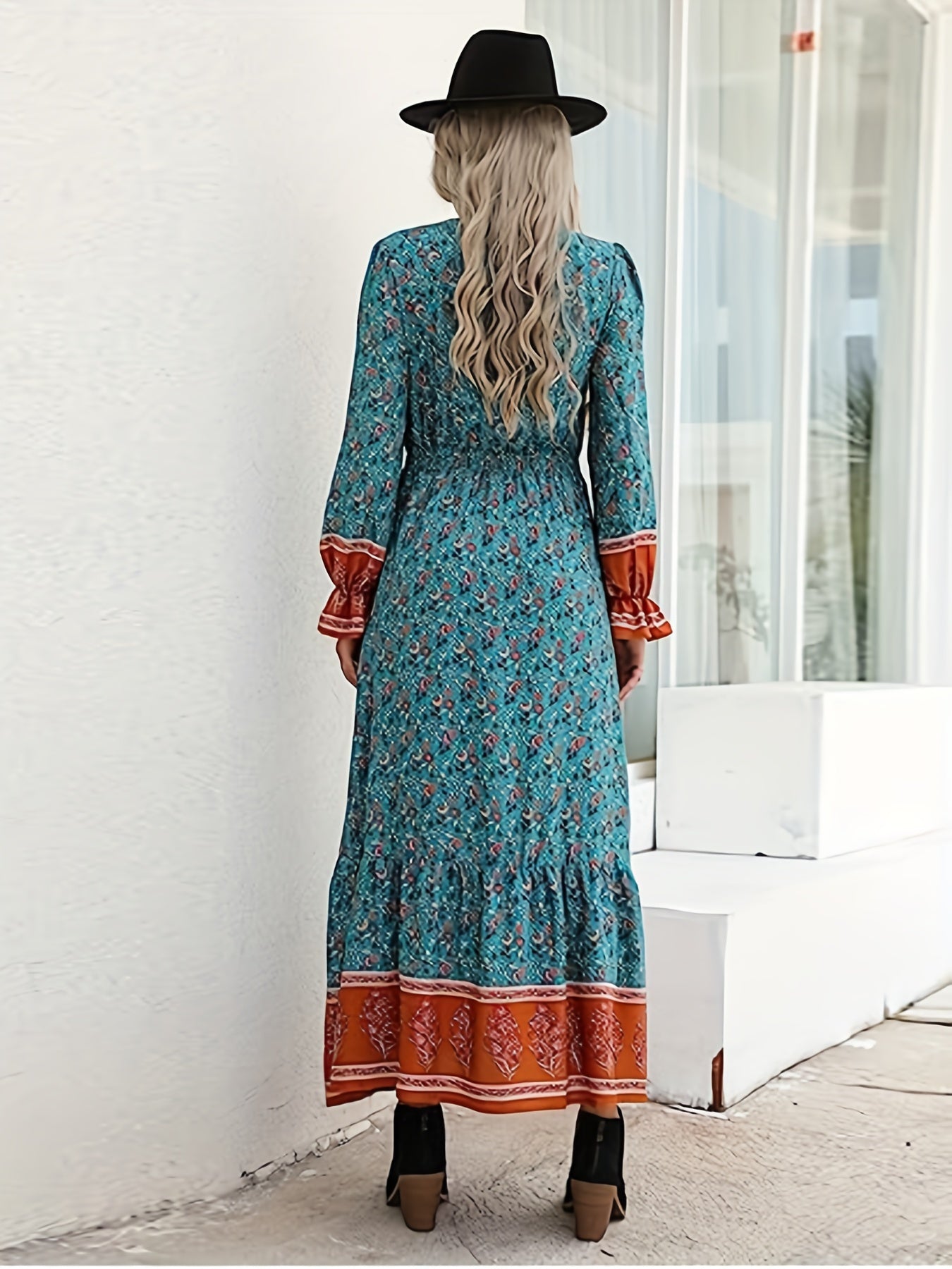 solvbaoFloral Print High Waist Dress, Boho V Neck Flared Sleeve Maxi Dress, Women's Clothing