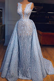 kamahe Elegant Blue Lace Sleeveless Deep V Neck Prom Dresses Party Dresses