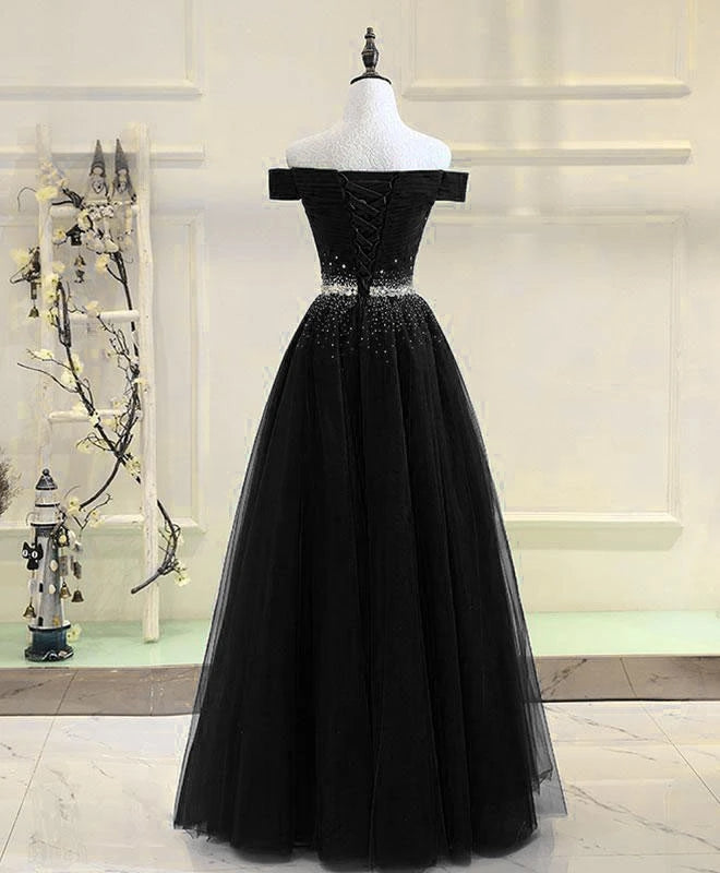 Solvbao Black Tulle A-line Long Party Dress, Black Prom Dress