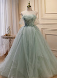 Solvbao Light Green Tulle Beaded Ball Gown Off Shoulder Party Dress, Green Sweet 16 Dress