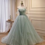 Solvbao Light Green Tulle Beaded Ball Gown Off Shoulder Party Dress, Green Sweet 16 Dress