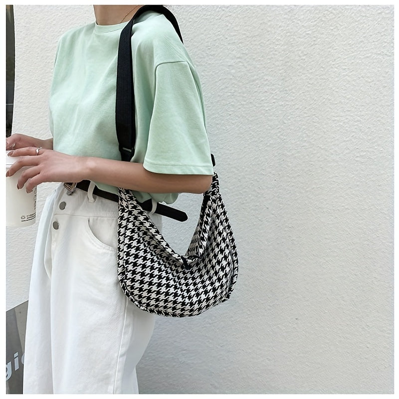 solvbao  Stylish Houndstooth Pattern Hobo Shoulder Bag, Women's Zipper Crossbody Bag, Trendy Bag