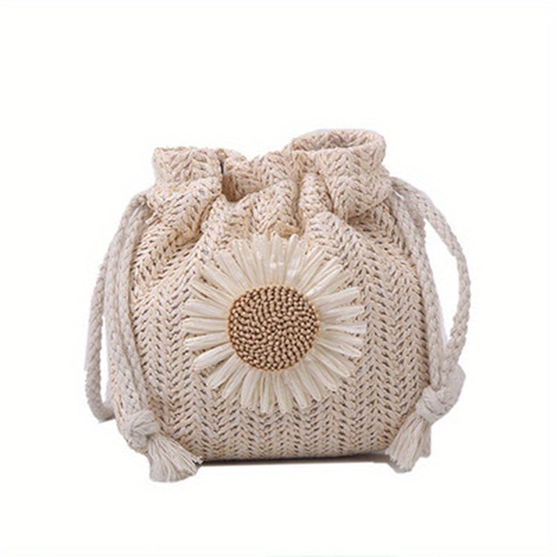 solvbao  Flower Decor Straw Design Bag, Drawstring Shoulder Bag, Minimalist Crossbody Bag