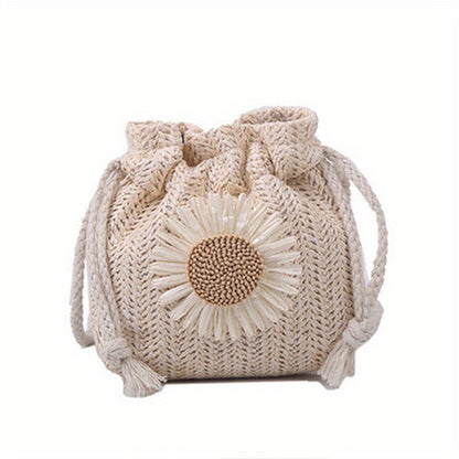 solvbao  Flower Decor Straw Design Bag, Drawstring Shoulder Bag, Minimalist Crossbody Bag