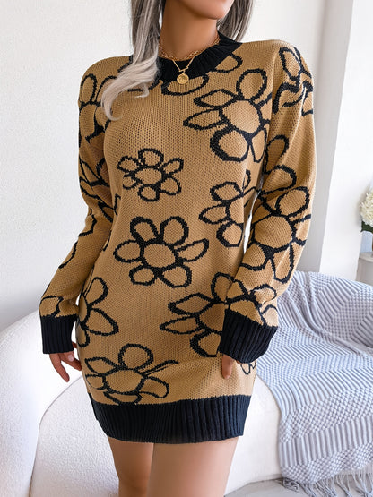 solvbaoLadies Floral Print Sweater Dress, Long Sleeve Stretchy Sweater Dress, Casual Sweater Dress For Fall & Winter, Women's Clothing