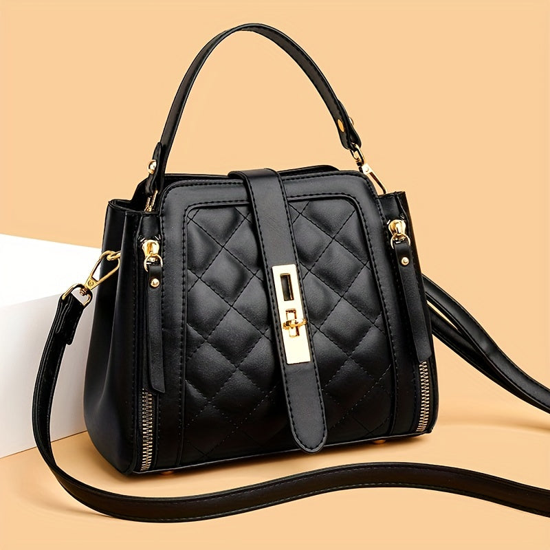 Trendy Lozenge Quilted Bucket Bag, Solid Color Zipper Shoulder Bag, Perfect Crossbody Bag For Daily Use