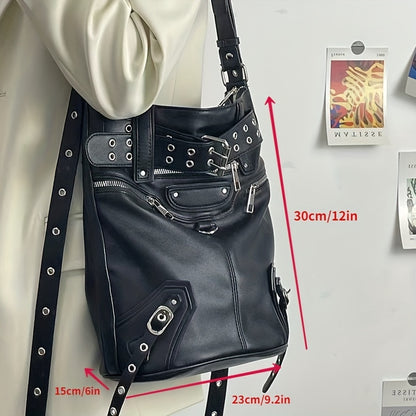 solvbao  Punk Style Crossbody Bag, Eyelet Belt Decor Hobo Bag, Gothic Studded Decor Shoulder Bag