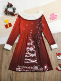 Girls Bow Christmas Tree Graphic Long Sleeve Dress Spring Fall Christmas Gift