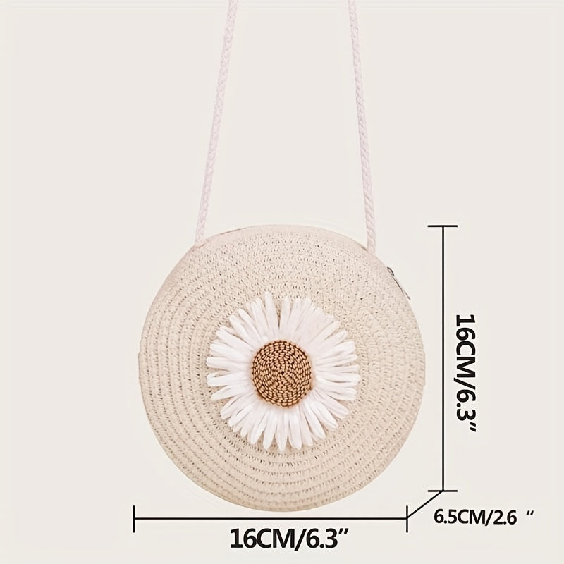 solvbao  Mini Flower Decor Beach Bag, Straw Woven Crossbody Bag, Women's Casual Purse & Handbag For Travel &vacation (16.0cmx16.0cmx6.6cm)