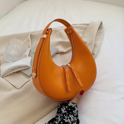 PU Leather Retro Baguette Bag, Solid Color Crescent Bag, All-Match Zipper Underarm Bag