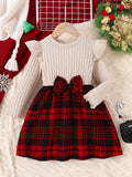 Girls' Christmas Bowknot Long Sleeve Round Neck Dress, Knitted Stretch Polyester Fabric, Regular Fit, Fashion Plaid Pattern, Spring/Autumn Season, Casual Style, Children'S Clothing