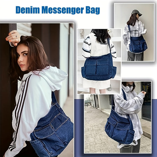 solvbao  Retro Denim Canvas Tote Bag, Multi Pockets Crossbody Bag, Y2K Hobo Bag For Sports, Travel, School