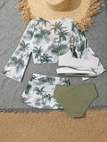 4-Piece Coconut Trees Print Womens Swimsuit Set - Flattering Bikini, Layered Top, High Waist Panty & Cover Up - Boho Skirt, Long Sleeved Beachwear for Fashionable Sun Seekers