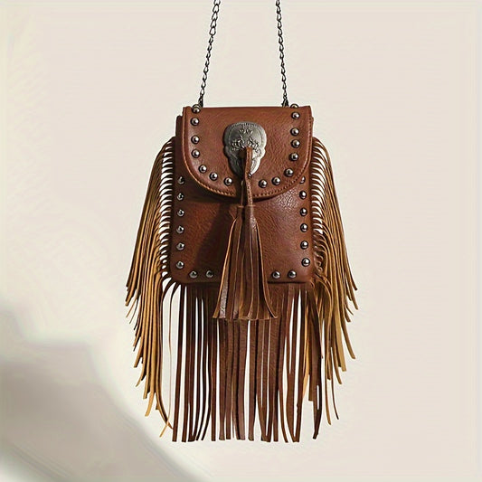 solvbao  Steampunk Fringe Crossbody Bag, Trendy Rivet Shoulder Bag, Vintage Tassel Mobile Phone Bag