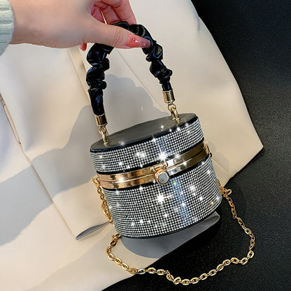 solvbao  Mini Allover Rhinestone Handbag, Ruched Detail Evening Bucket Bag, Stylish Chain Shoulder Purse For Party (3.9*4.7*4.7) Inch