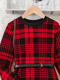 Elegant Two-Tone Plaid & Ribbed Christmas Dress with Belt for Teens - Long Sleeve, Stretch Fabric, Perfect for Spring/Fall