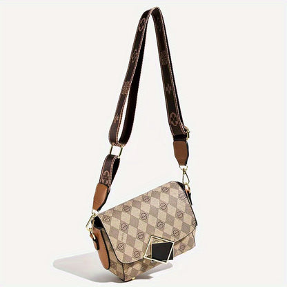 Mini Lozenge Pattern Crossbody Bag, Retro Wide Strap Flap Shoulder Bag, Perfect Sling Bag For Daily Use