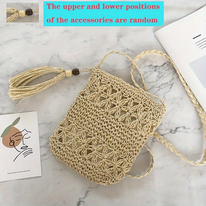 solvbao  Hollow Woven Crossbody Bag, Boho Style Straw Beach Bag, Tassel Decor Square Bag For Summer Travel