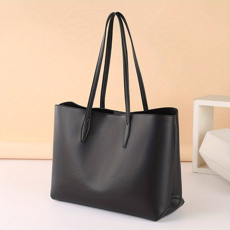 solvbao  Simple Solid Color Tote Bag, Faux Leather Shoulder Bag, Large Capacity Handbag For Shopping