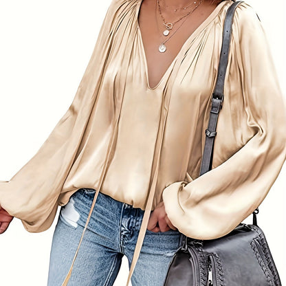 solvbaoSolid Tie Neck Pleated Blouse, Casual Long Sleeve Blouse For Spring & Fall, Women's Clothing